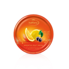 Kẹo hoa quả ngậm KALFANY – Vị Nho cam – Hộp thiếc 150g