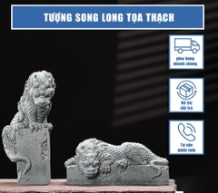 Tượng Song Long Tọa Thạch - Thạch Xanh Bàn Long Ngoạ Long Trang Trí Bể Cá, Bàn Làm Việc, Tiểu Cảnh, Tượng Lân Sư