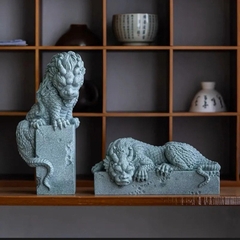 Tượng Song Long Tọa Thạch - Thạch Xanh Bàn Long Ngoạ Long Trang Trí Bể Cá, Bàn Làm Việc, Tiểu Cảnh, Tượng Lân Sư
