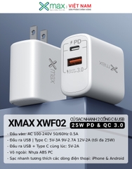 Sạc 2 Cổng Siêu Nhanh 25W PD25W+QC3.0 XMAX XWF02