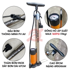 Bơm Tay Inox Ống 38 Có Bình Có Đồng Hồ RIDE BIKE
