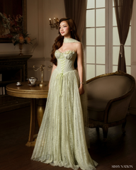 Twilight Corset Pleated Lace Dress - Avocado