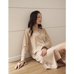 Đầm Sơ mi lụa form dài tay dài có mút ngực