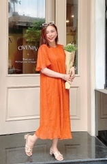 Đầm cam tay ngắn thun xếp ly