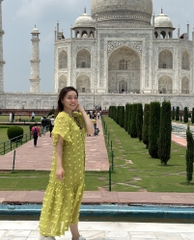 Đầm xanh dài tay lỡ có kèm lót