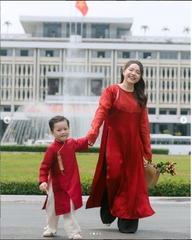 Set áo dài đỏ + quần đen form rộng thương hiệu ƯỚM