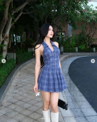 Đầm xanh caro ngắn thương hiệu By Vee