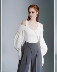 Áo sơ mi trắng xếp ly, trễ vai, dài tay Thương Hiệu Mollynista