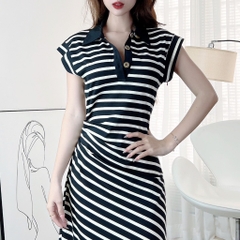 Đầm Polo Sọc Cổ Sơ Mi Tay Ngắn Phối Nhún Eo Chất Thun QC Đi Tiệc MIMIX - EM7