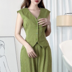 Set Bộ Áo Gile Cổ V Tà Nhọn Kèm Quần Dáng Suông Chất Linen Lụa Sọc Đi Tiệc MIMIX - EJ5