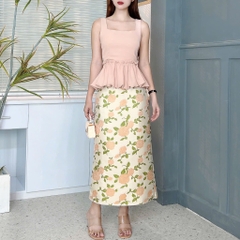 Set Bộ Nữ Áo 2 Dây Peplum Mix Chân Váy Gấm Hoa Dáng Dài Đi Du Lịch MIMIX - EX0