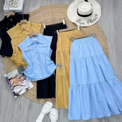Set Váy Áo Sơ Mi Rút Dây Mix Chân Váy Dáng Dài Xòe Chất Linen Gân Đi Làm Đi Dạo MIMIX - EW2