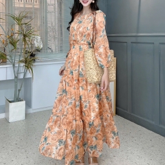 Váy Maxi Hoa Tay Dài Smocking Thân Dáng Dài Chất Tơ Đi Du Lịch MIMIX - FD9