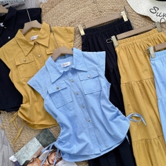 Set Váy Áo Sơ Mi Rút Dây Mix Chân Váy Dáng Dài Xòe Chất Linen Gân Đi Làm Đi Dạo MIMIX - EW2