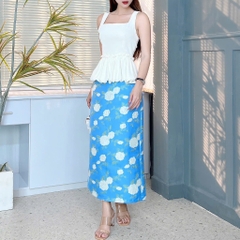Set Bộ Nữ Áo 2 Dây Peplum Mix Chân Váy Gấm Hoa Dáng Dài Đi Du Lịch MIMIX - EX0