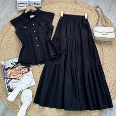 Set Váy Áo Sơ Mi Rút Dây Mix Chân Váy Dáng Dài Xòe Chất Linen Gân Đi Làm Đi Dạo MIMIX - EW2