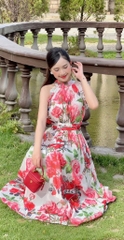 Đầm Maxi Cổ Yếm Viền Bèo Họa Tiết Hoa Chất Voan Hàn Đi Biển Đi Tiệc MIMIX - EK5