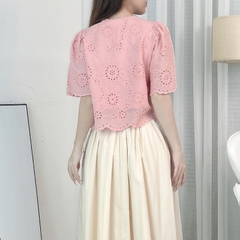 Áo Boi Thêu Dáng Baby Doll Cổ V Tay Ngắn Viền Ren Phối Túi Đi Biển Đi Dạo MIMIX - EJ3