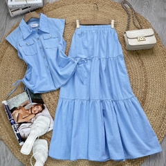 Set Váy Áo Sơ Mi Rút Dây Mix Chân Váy Dáng Dài Xòe Chất Linen Gân Đi Làm Đi Dạo MIMIX - EW2