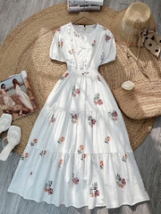 Đầm Maxi Nữ Cổ Tròn Bo Eo Chất Cotton Sước In Hoa Đi Biển MIMIX - FN0