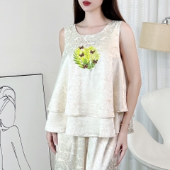 Set Bộ Nữ Áo Sát Nách Thêu Họa Tiết Mix Quần Dài Ống Rộng Chất Gấm Lụa QC MIMIX - DZ0