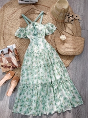 Đầm Maxi Hoa Tay Ngắn Cổ Yếm Dáng Dài Xòe Đi Biển Đi Tiệc MIMIX - FJ3