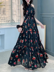 Đầm Maxi Yếm Bo Chun Eo Vải Tơ Mặc Đi Biển Đi Tiệc Mimix - FF6