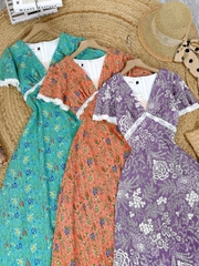 Đầm Maxi Thun Viền Ren Phối Tay Tiên Chất Thun Cotton In Hoa Đi Tiệc Đi Biển MIMIX - FG9