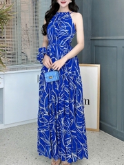 Đầm Maxi Yếm Bo Chun Eo Vải Tơ Mặc Đi Biển Đi Tiệc Mimix - FF6