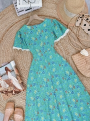 Đầm Maxi Thun Viền Ren Phối Tay Tiên Chất Thun Cotton In Hoa Đi Tiệc Đi Biển MIMIX - FG9