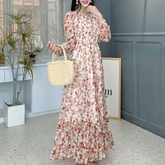 Váy Maxi Hoa Tay Dài Smocking Thân Dáng Dài Chất Tơ Đi Du Lịch MIMIX - FD9