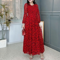 Váy Maxi Hoa Tay Dài Smocking Thân Dáng Dài Chất Tơ Đi Du Lịch MIMIX - FD9