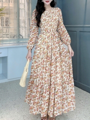 Váy Maxi Hoa Tay Dài Smocking Thân Dáng Dài Chất Tơ Đi Du Lịch MIMIX - FD9