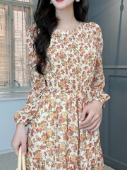Váy Maxi Hoa Tay Dài Smocking Thân Dáng Dài Chất Tơ Đi Du Lịch MIMIX - FD9