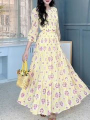 Váy Maxi Hoa Tay Dài Smocking Thân Dáng Dài Chất Tơ Đi Du Lịch MIMIX - FD9