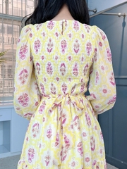Váy Maxi Hoa Tay Dài Smocking Thân Dáng Dài Chất Tơ Đi Du Lịch MIMIX - FD9
