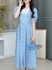 Váy Maxi Cổ V Viền Ren Dáng Dài Chất Cotton In Hoa Đi Dạo Phố MIMIX - FD8
