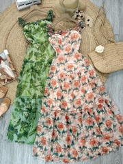 Váy Maxi Hoa Dáng Dài Cổ Viền Hoa Chất Tơ Pha Lê Đi Tiệc Đi Biển MIMIX - FF5