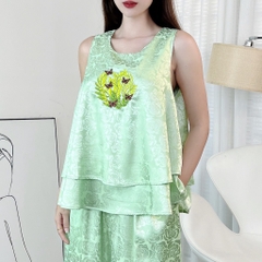 Set Bộ Nữ Áo Sát Nách Thêu Họa Tiết Mix Quần Dài Ống Rộng Chất Gấm Lụa QC MIMIX - DZ0