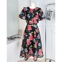 Set Váy Nữ Áo Tay Bồng Cổ Tròn Mix Chân Váy Midi Xòe Chất Tơ Sống Nhũ Đi Làm Đi Chơi MIMIX - CP5