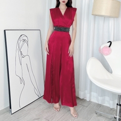 Jumpsuit Nữ Trơn Dáng Dài Cổ V Ống Phối Xẻ Chất Lụa Satin Đi Tiệc MIMIX - DG0