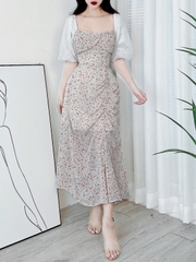 Đầm Midi Hoa Dây Rút Có Xẻ Cổ Vuông Phối Tay Tơ Chất Tơ Hàn Đi Biển Đi Tiệc MIMIX - DR4