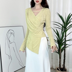 Áo Tay Dài Tà Nhọn Dây Ngực Xếp Ly Vạt Eo Chất Thun Nhũ Đi Làm Đi Chơi MIMIX - DU3