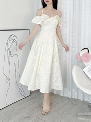 Đầm Midi Gấm 2D Bèo Vai Hoa Ngực Chất Gấm In Hoa QC Đi Tiệc MIMIX - DW0