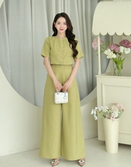 Set Bộ Trơn Nữ Áo Cổ Tròn Tay Ngắn Phối Lượn Sóng Kèm Quần Dài Ống Rộng Chất Chéo Ruby MIMIX - DX0