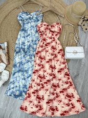 Đầm 2 Dây Hoa Dập Ly Lượn Sóng Kèm Xoắn Trước Chất Mango Dập Ly Sóng Đi Biển MIMIX - EA0