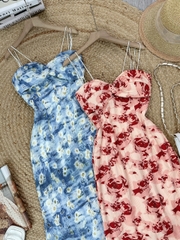 Đầm 2 Dây Hoa Dập Ly Lượn Sóng Kèm Xoắn Trước Chất Mango Dập Ly Sóng Đi Biển MIMIX - EA0