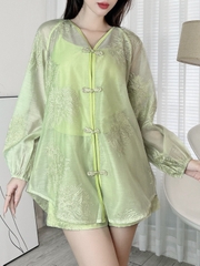 Set Bộ Nữ Thêu Hoa Áo Nút Tàu Tay Dài Kèm Quần Short Chất Tơ Nến Thêu Đi Biển MIMIX - EE6