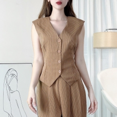 Set Bộ Áo Gile Cổ V Tà Nhọn Kèm Quần Dáng Suông Chất Linen Lụa Sọc Đi Tiệc MIMIX - EJ5