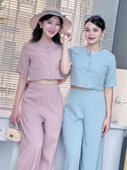 Set Bộ Áo Lượn Sóng Cổ Tròn Tay Ngắn Kèm Quần Suông Dài Chất Chéo Ruby Công Sở MIMIX - EI6